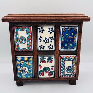 Pier 1 Apothecary Wooden Cabinet with 6 Hand Painted Ceramic Drawers